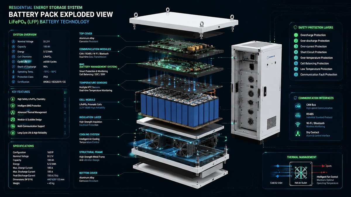 Exploded view technical illustration of residential energy storage system battery pack