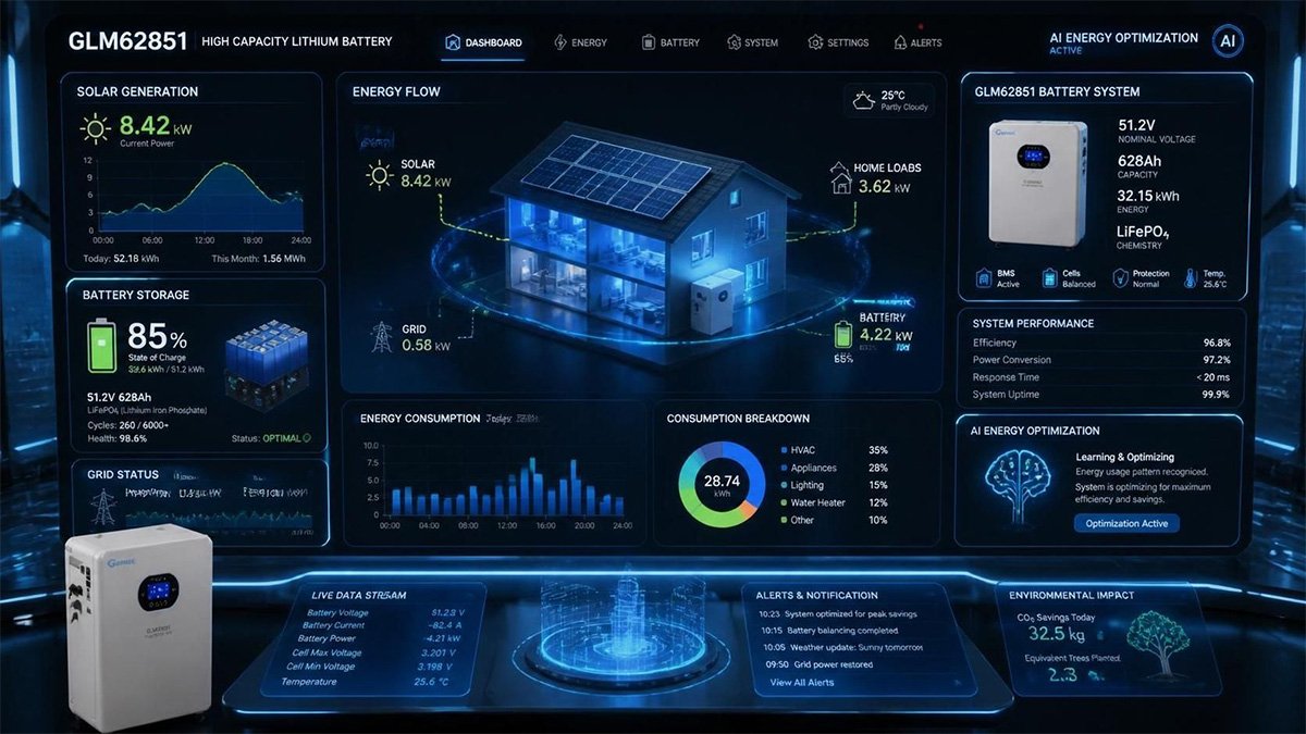 Futuristic battery management system dashboard controlling GLM62851 high capacity lithium battery