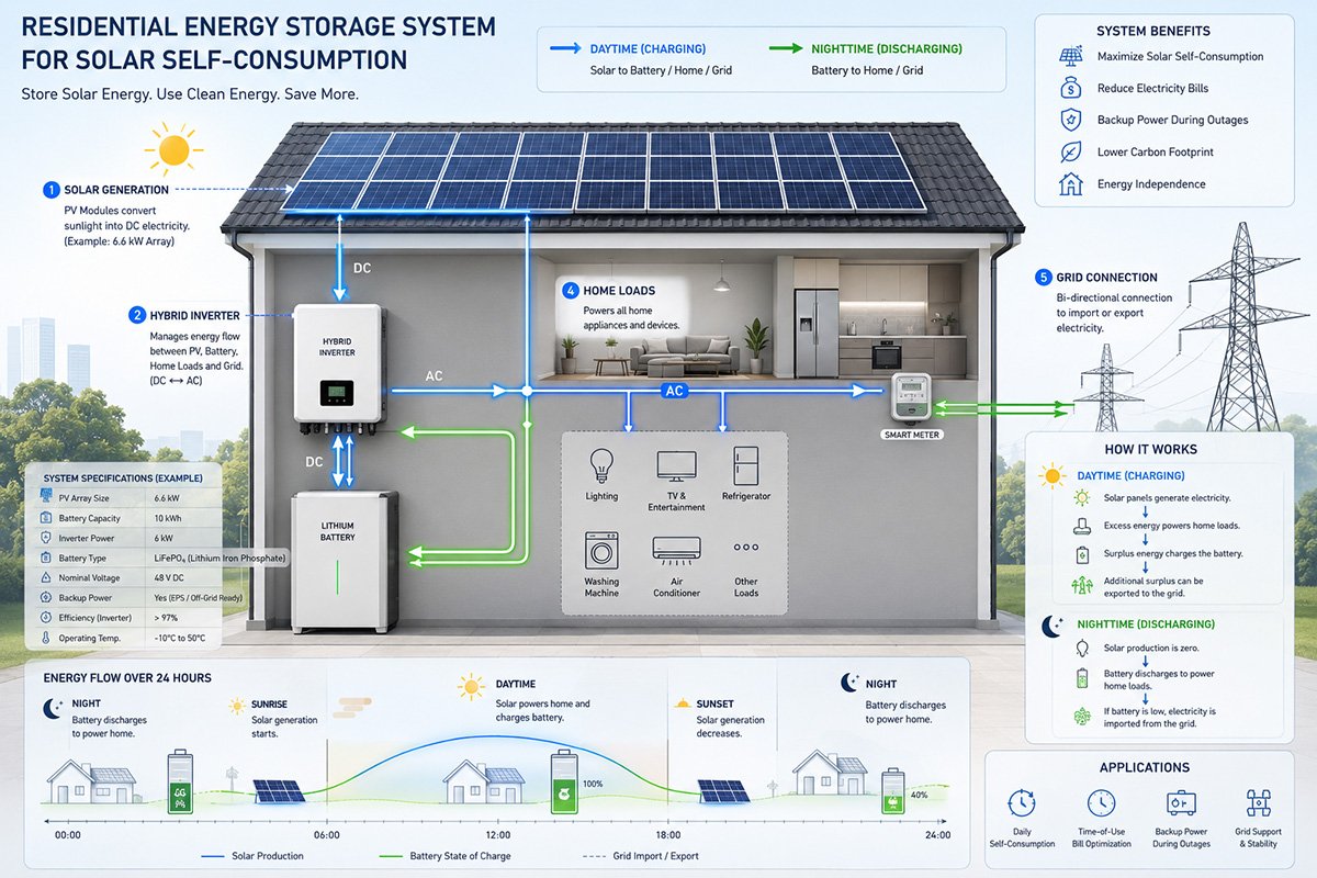 Infographic-style illustration of residential energy storage system for solar self-consumption